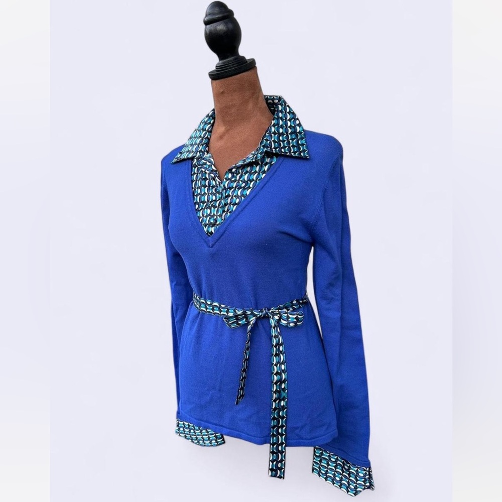 Elementz royal blue v neck sweater w geometric collar & waist-tie